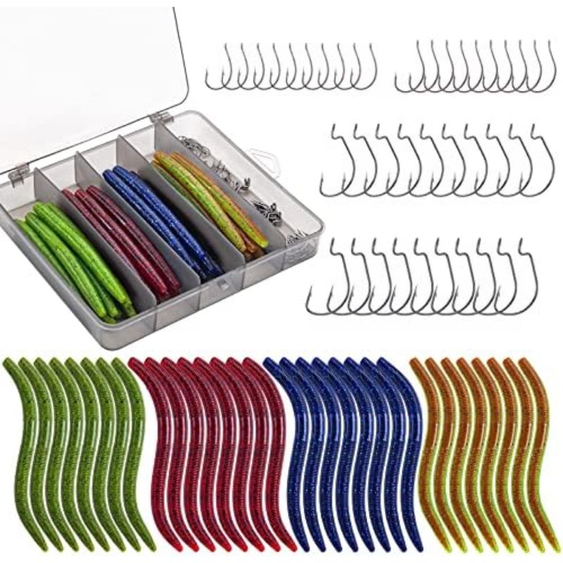 Drop Shot Hooks Worm Fishing Lure Kit with Soft Plastics Rig Tools O-Rings Weights & Tackle Box